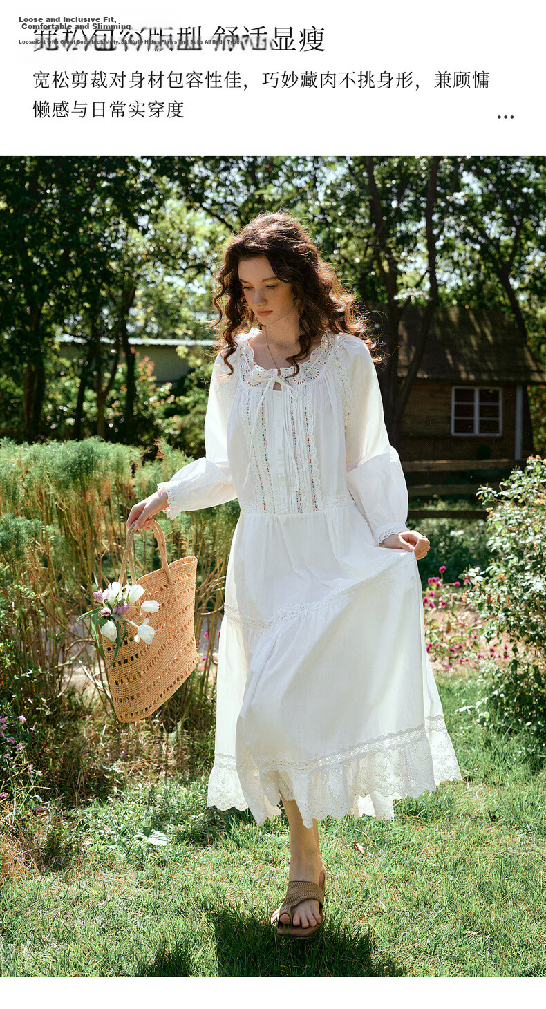 Olrain French Embroidered Hollow Lace Collar Long Sleeve Dress Women Spring Loose Elegant Long Dress White S 10