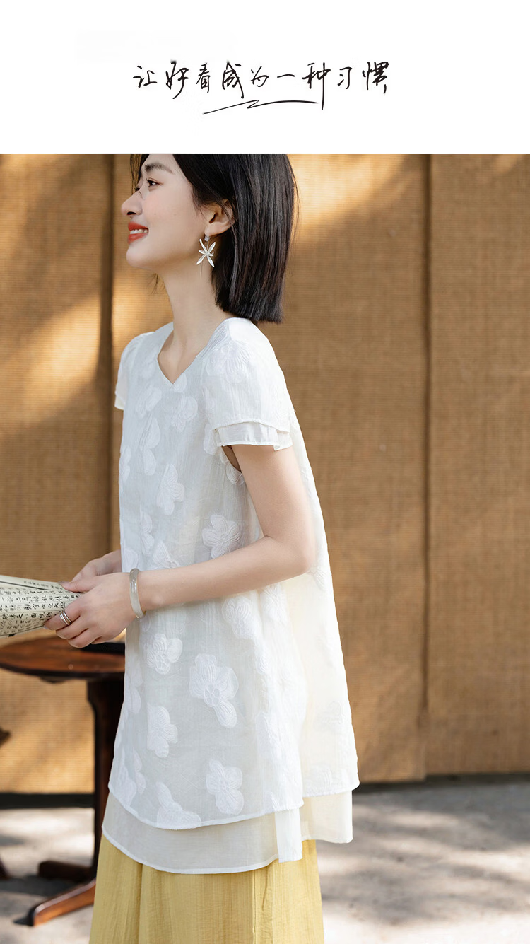 Demana [Lyocell] Summer Elegant Urban Style Round Neck Embroidered Cap Sleeve Patchwork Loose Slim Shirt for Women Premium Feel 1