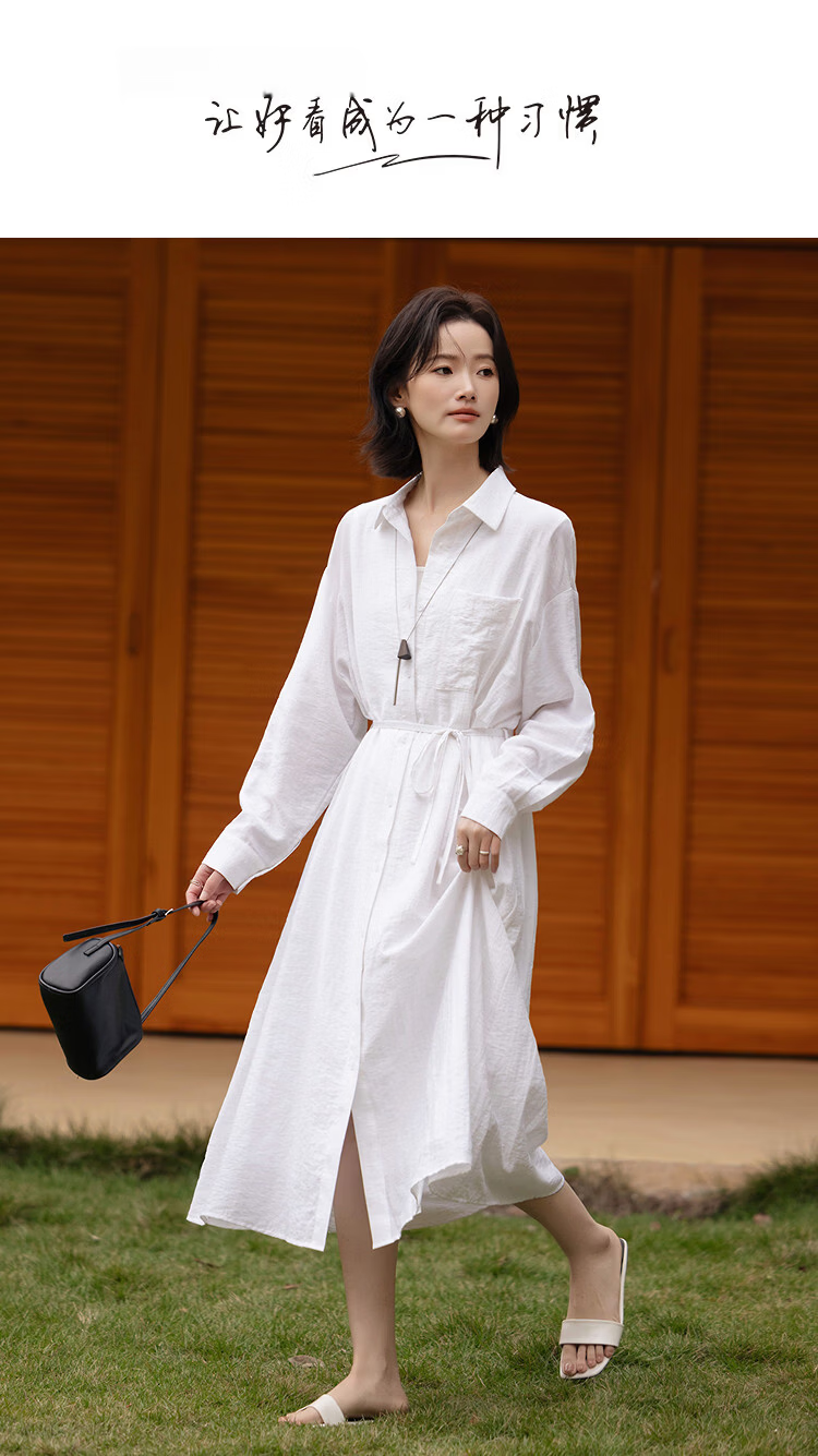 Demana [Linen-Viscose Blend] Spring Smart Casual Polo Collar A-Line Waist Cinched Petite Shirt Dress 1