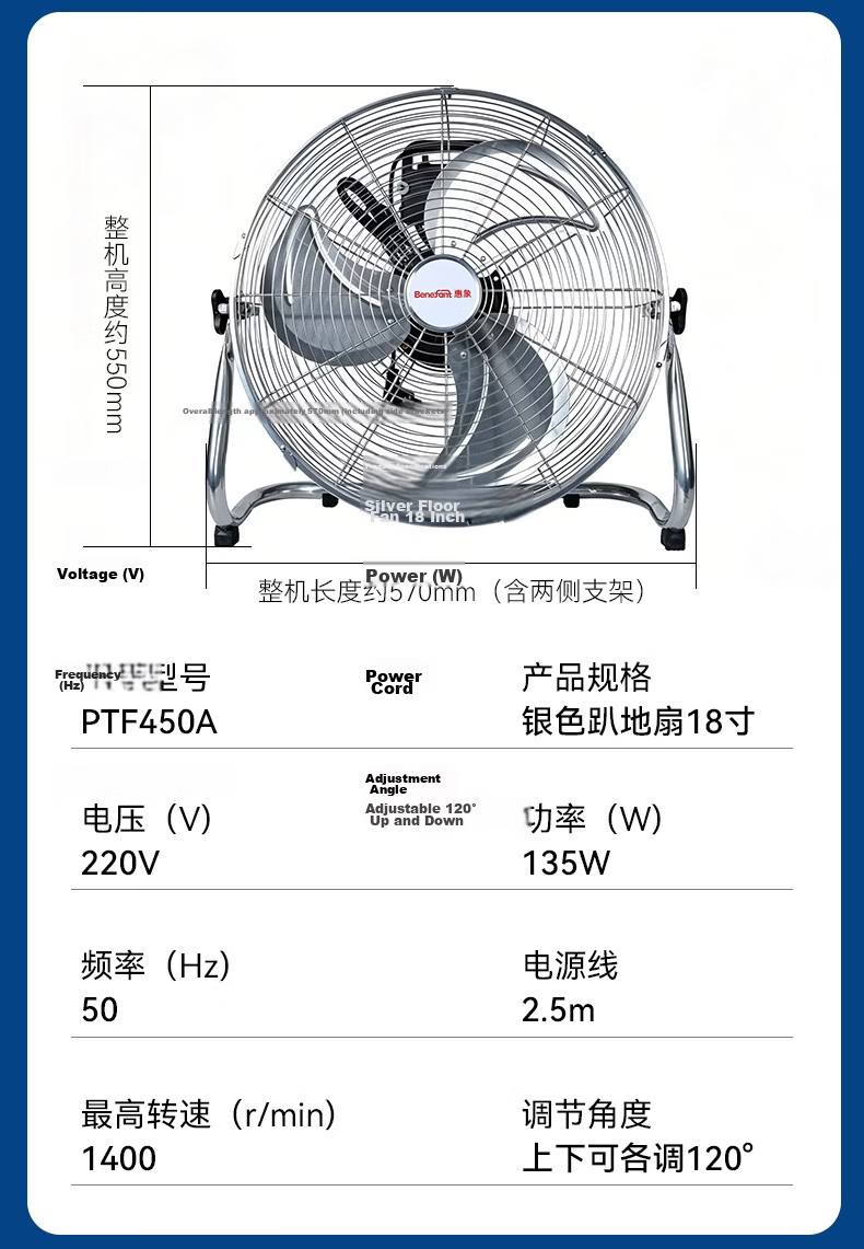 BENEFANT Silver 18-Inch Floor Fan Multi-Speed Industrial High-Power Electric Fan for Home and Workshop 13