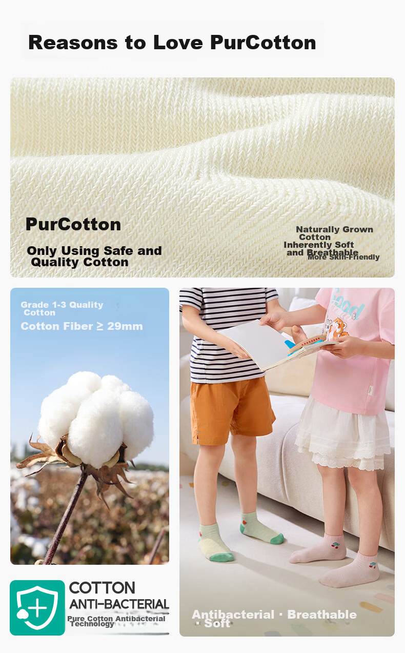PurCotton Children's Antibacterial Mid-Calf Socks, 3 Pairs, for Boys And Girls, Baby Socks, All-Season Mesh Floor Socks 3