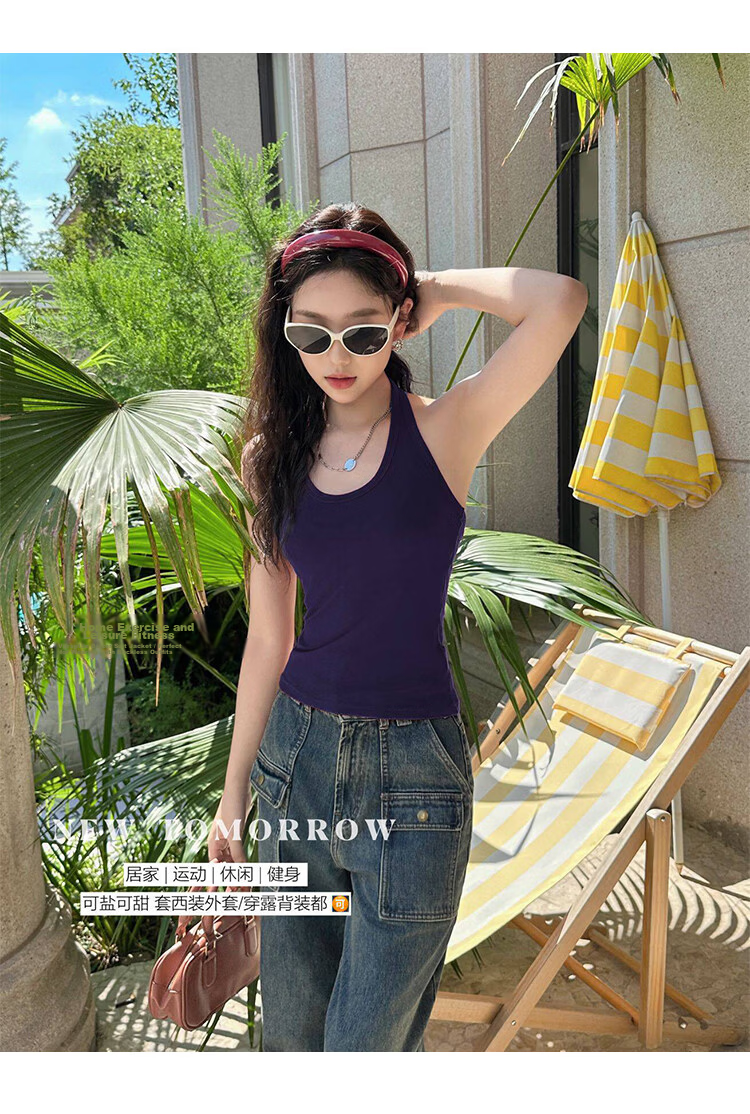 Free Style Halter Neck Tank Top for Women Summer New Padded Chest Sleeveless Sports Fitness U-Neck Back Shirt 10
