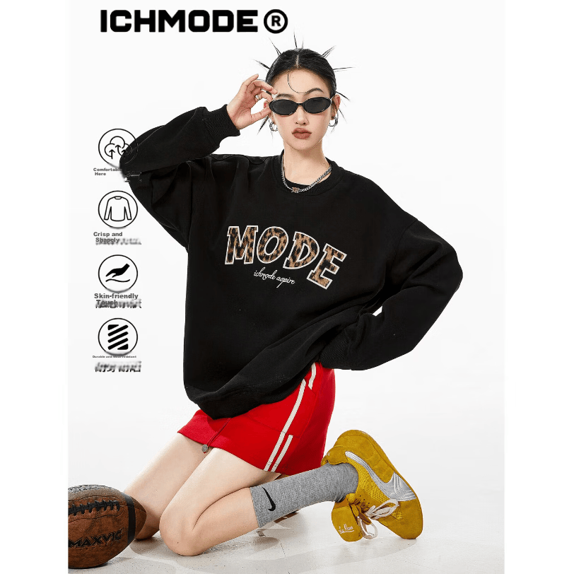 ICH MODE American Style Gray Crewneck Sweatshirt Women 2026 Spring New Loose Lazy Jacket Top Black L