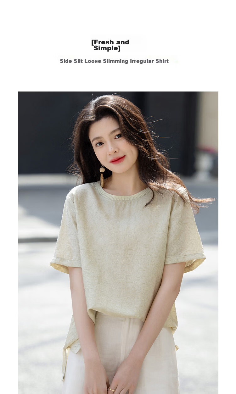 Demana Minimalist Light Summer Simple Knit Textured Round Neck Lightweight Loose Short Sleeve Shirt for Women 5