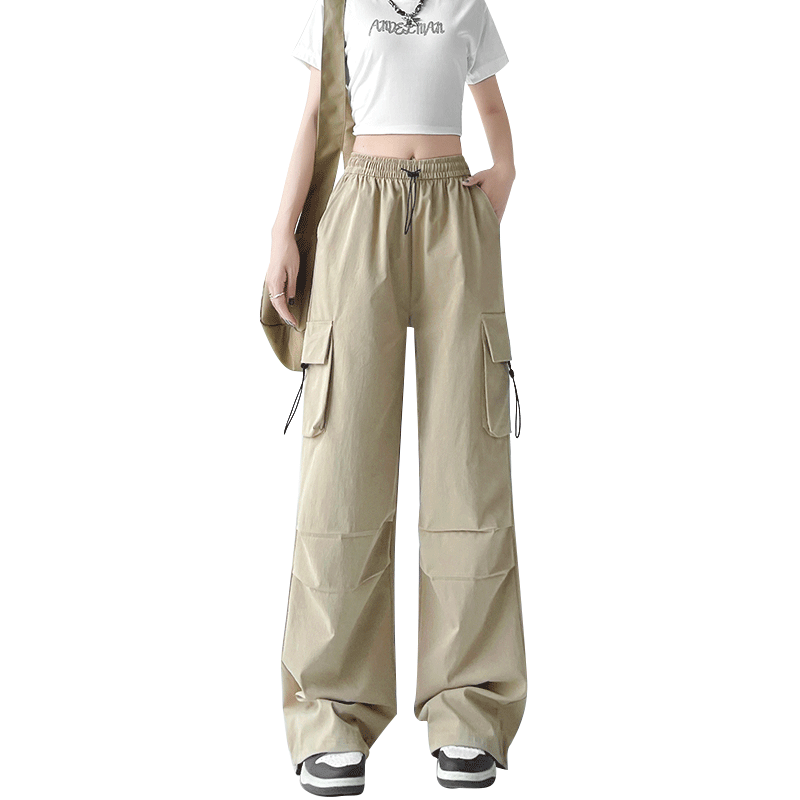 Langsha Women's Spring Summer Wide-Leg Cargo Pants American Style Hiking High-Waist Paratrooper Casual Street Dance Quick-Dry Sports Pants