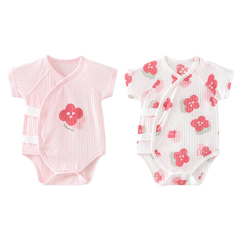 Babyprints Newborn Bodysuit 2-Pack Baby Short Sleeve Cotton Romper Summer Thin Triangle Jumpsuit Pink 52cm