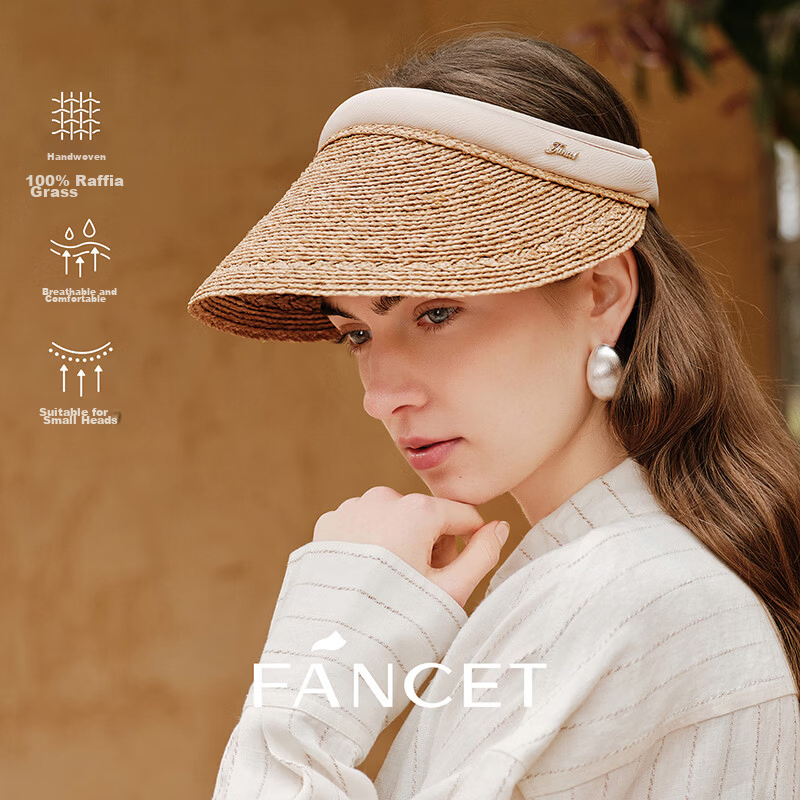 FANCET Women's Summer Open-Top Breathable Hand-Crocheted Raffia Sun Hat Wide Brim UV Protection Sunshade Hat