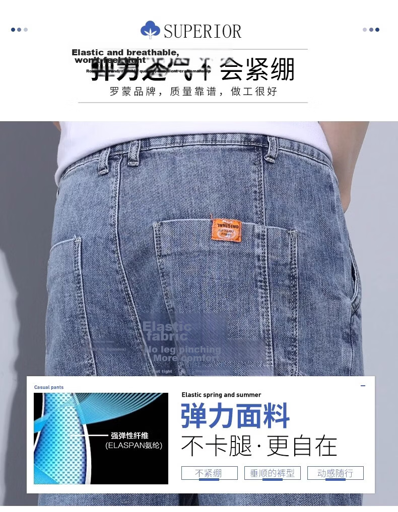 ROMON Men's Denim Shorts Summer Thin 7/8 Length Loose Straight-Leg Casual Pants 7