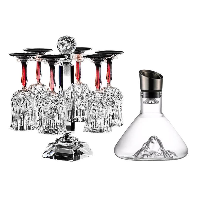 Green Apple Crystal Glass Red Wine Decanter and Glass Rack Set with Red Stem Wine Glasses