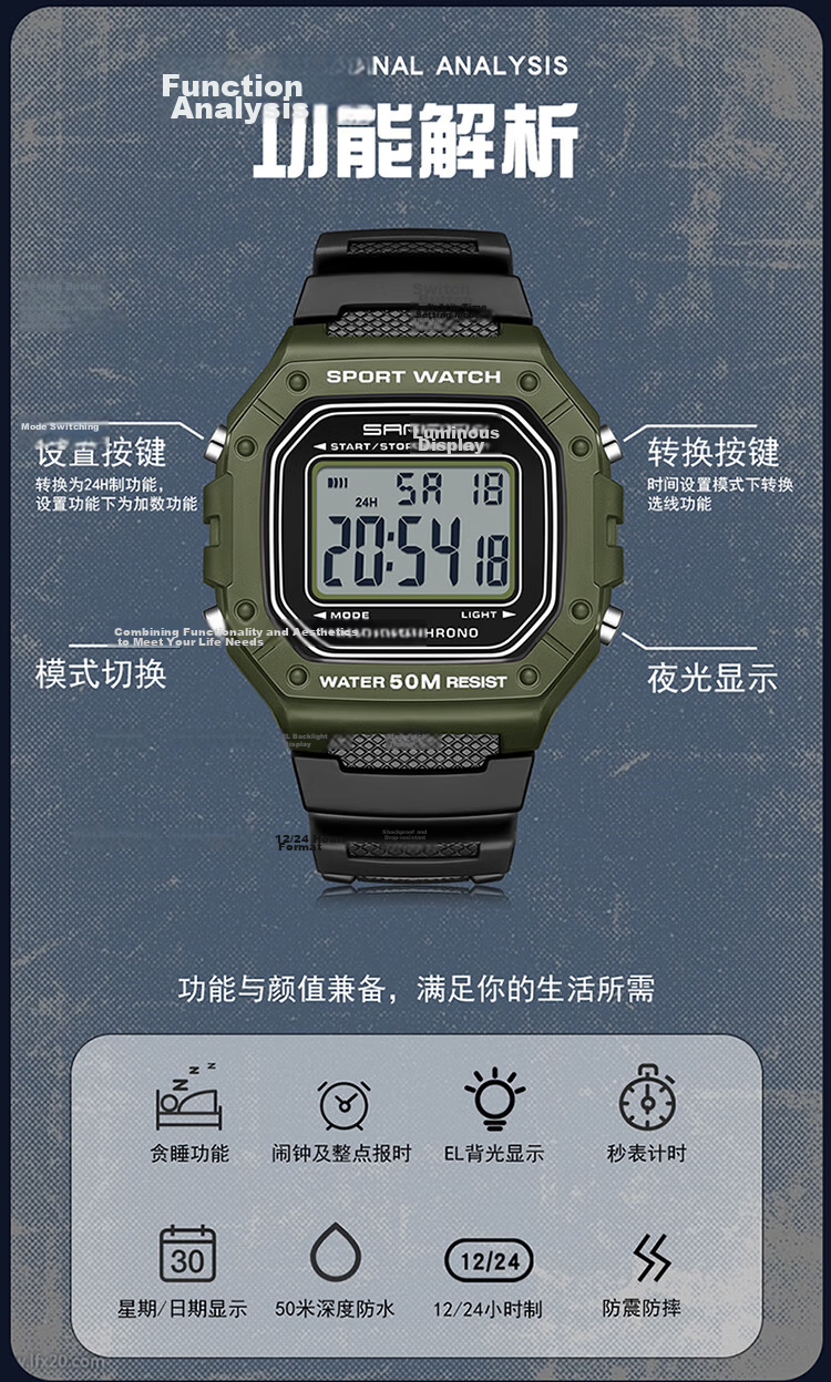 Louis Juelun Small Square Electronic Watch Men's Military Training Watch for High School Students Outdoor Sports Multifunctional 9