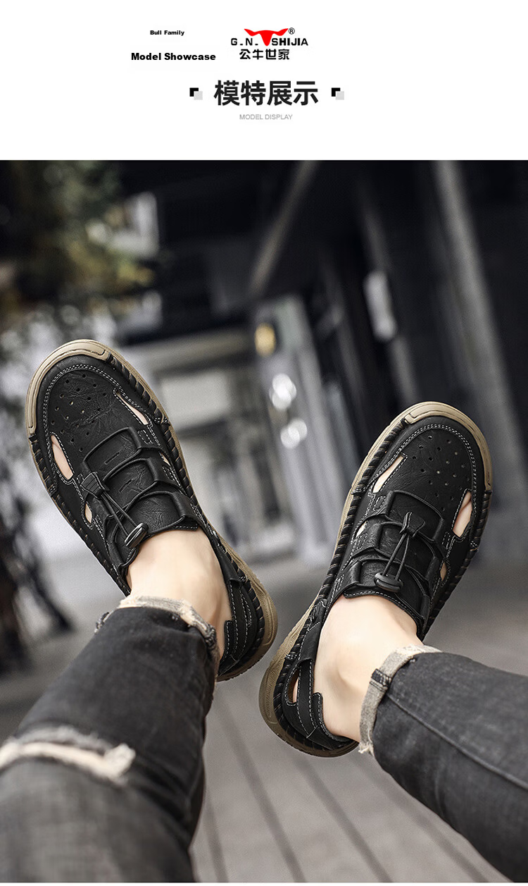 Bull Family Baotou Leather Sandals Men Summer Outdoor Beach Shoes Casual Driving Shoes Black Size 40 11