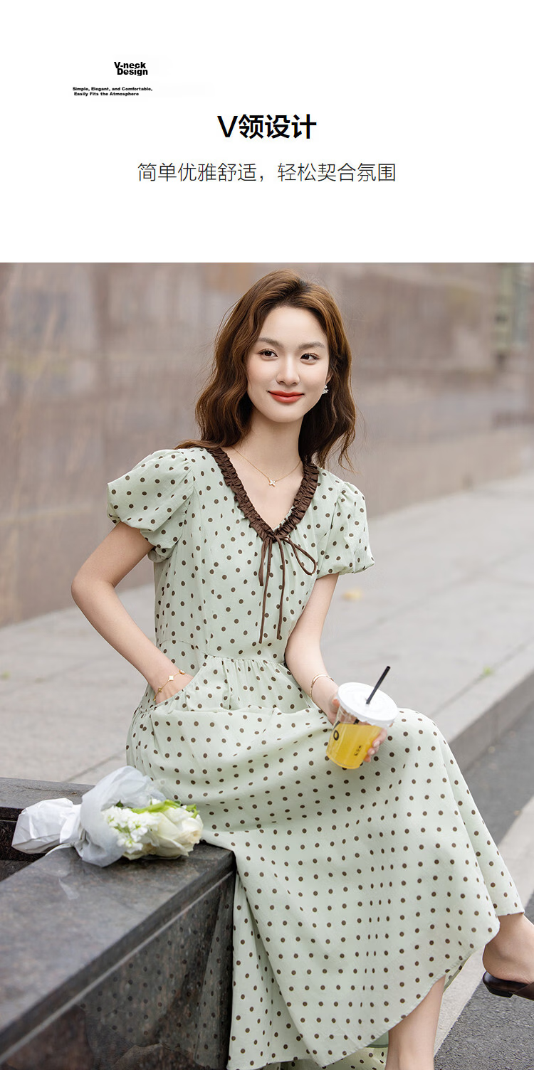 Demana Oxygen Pure Cotton Summer Sweet Polka Dot Colorblock Tie V-Neck Puff Sleeve Waist-Cinched Dress for Women Premium Quality 7