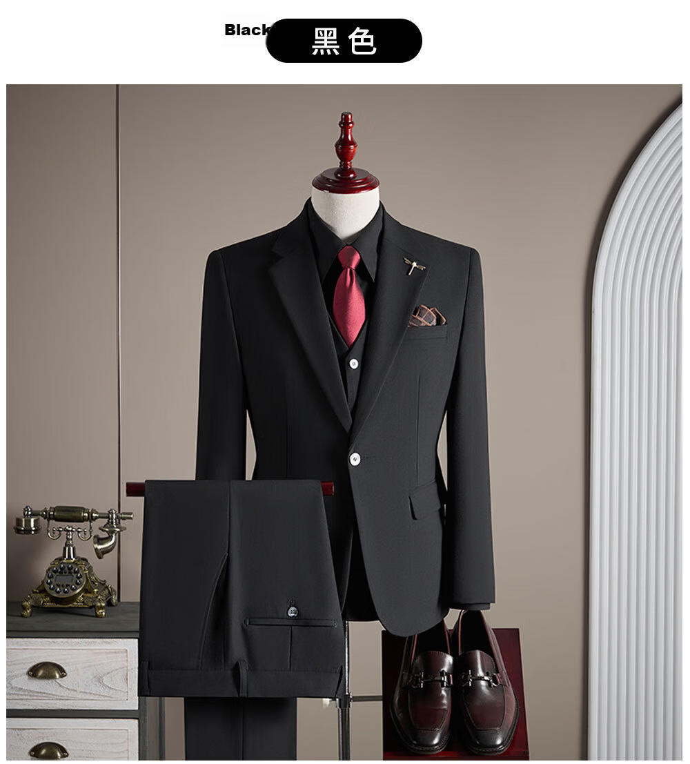 ROMON Men's Business Suit Set Blazer + Vest + Trousers Wedding Formal Jacket Black 3XL 19
