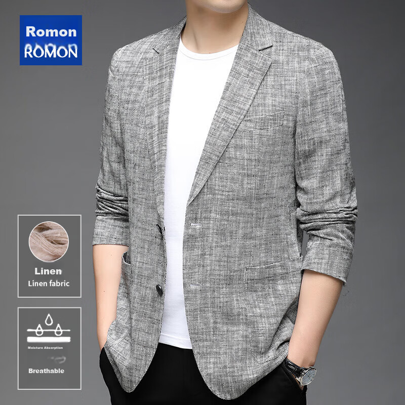 ROMON Men's Linen Casual Blazer Spring and Autumn Slim Fit Single-Breasted Solid Color Business Suit Jacket