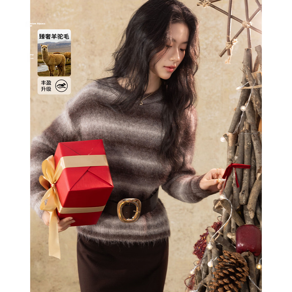 Demana Premium Alpaca Wool Blend Gradient Stripe Crew Neck Sweater Women's Fluffy Soft Knit Top Winter