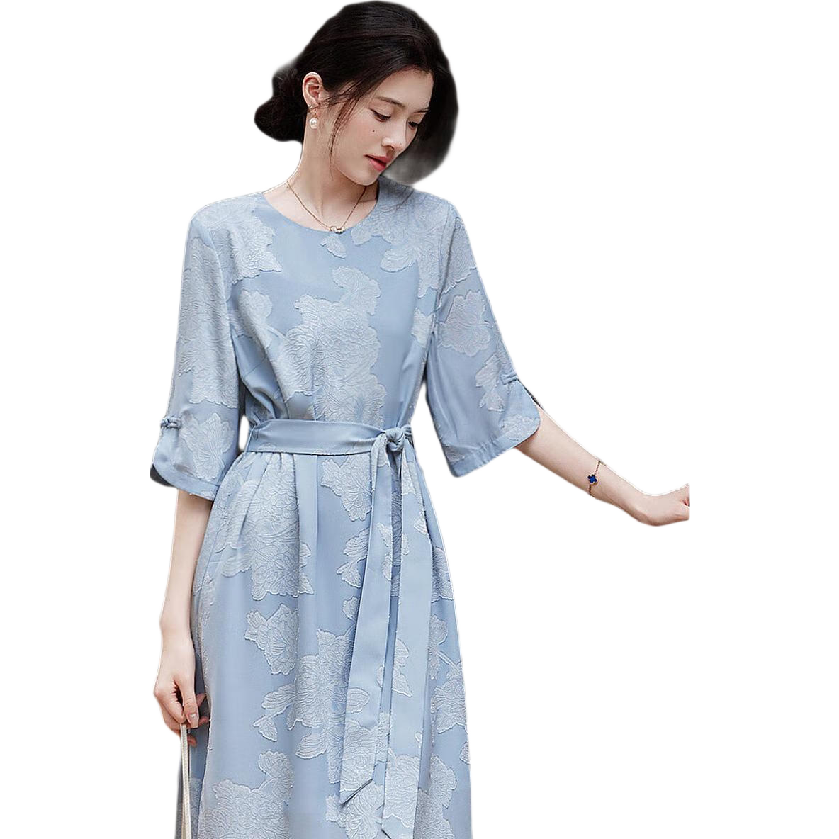 Dme (Unbelievably Comfortable) Spring And Autumn Delicate Jacquard Flared Three-Quarter Sleeve Classical Button-Up Loose-Fitting Dress