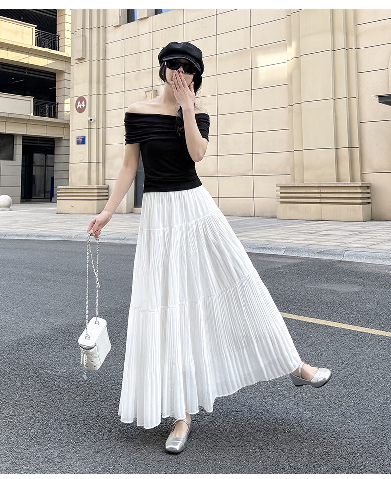 Langsha Pleated Mesh Midi Skirt for Women Spring Summer Draped Chiffon Cake Skirt High Waist Slim A-Line Flared Skirt 22