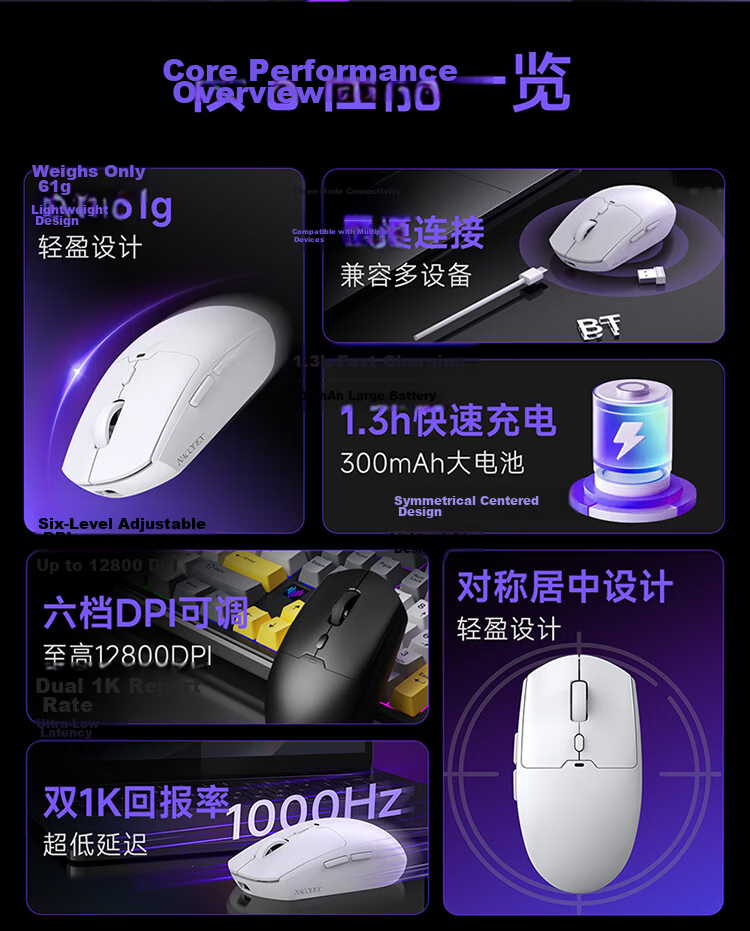 AJAZZ NJ11 Tri-Mode Gaming Mouse Wired/2.4G/Bluetooth Wireless Lightweight Design White MC 2