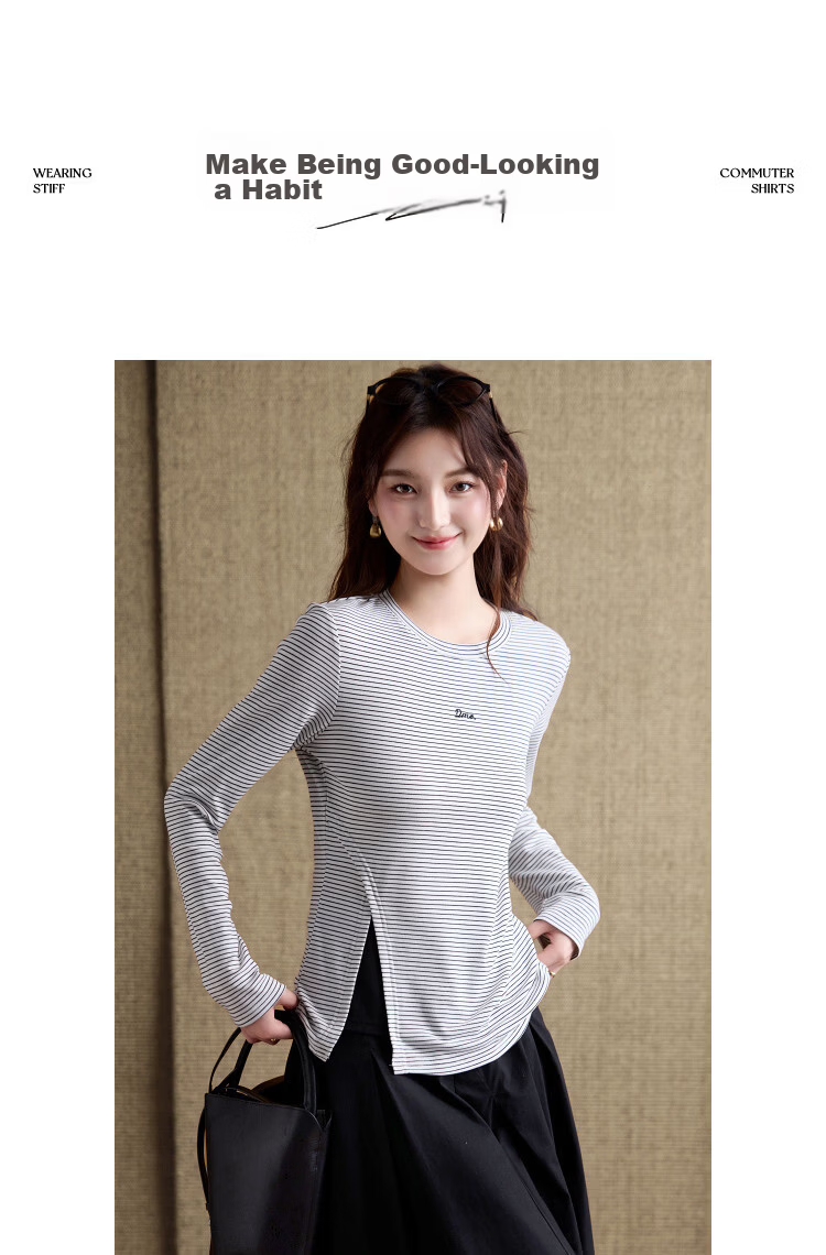 Demana [Striped Aesthetics] Spring Retro Style Double-Layer Collar Embroidered Patchwork Split Hem Petite Women's T-Shirt 10