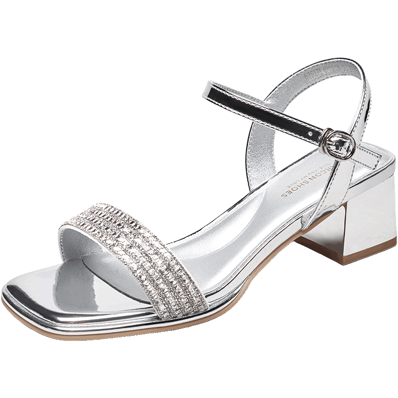 Eierkang Women's Sandals Open Toe Rhinestone Strap French Style Chunky Heel Sandals 49886W Silver Size 39