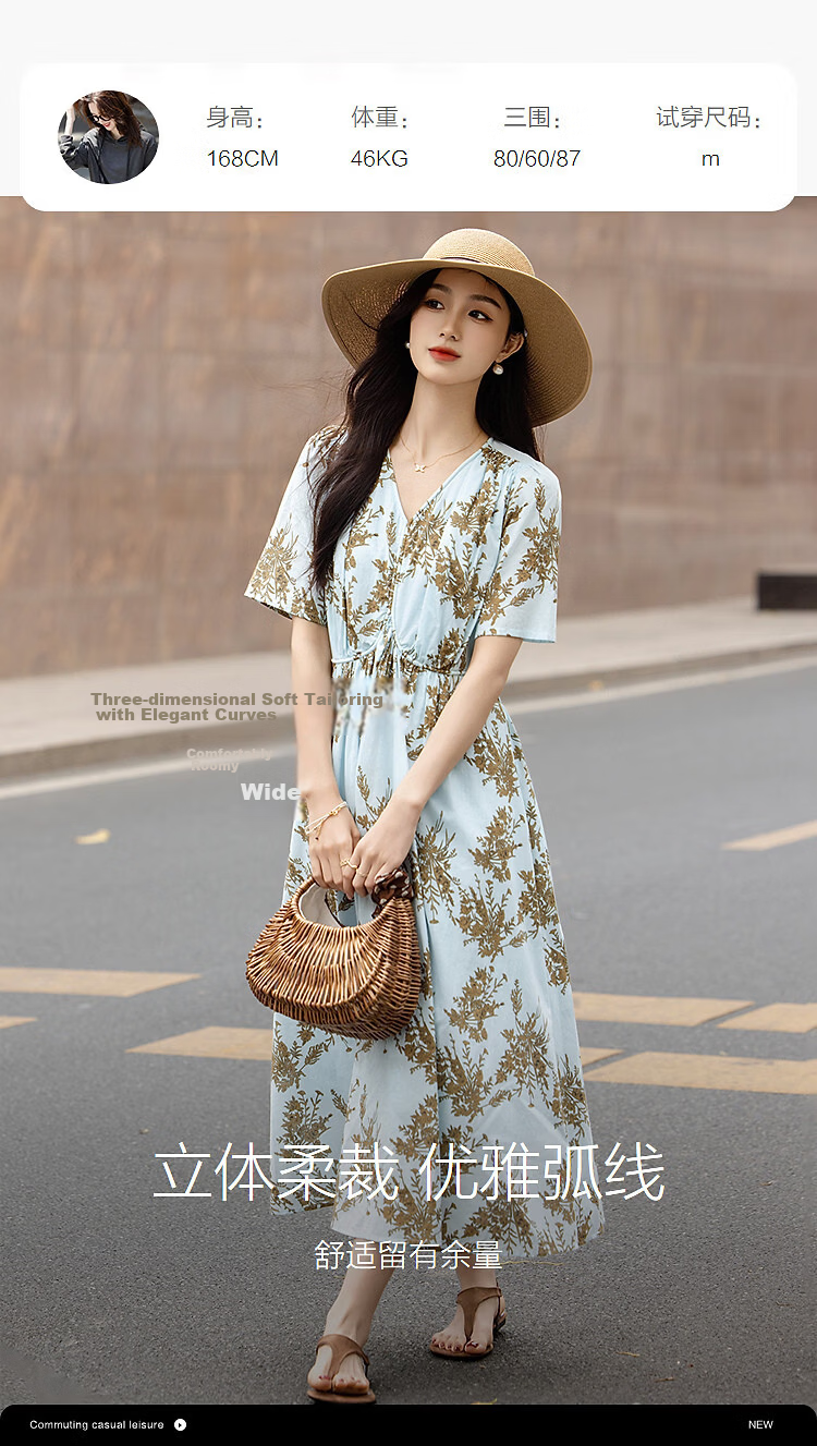 Demana Fresh Cotton Summer Vacation Style V-Neck Puff Sleeve Waist-Cinched Flared Slimming Dress for Women Premium 9