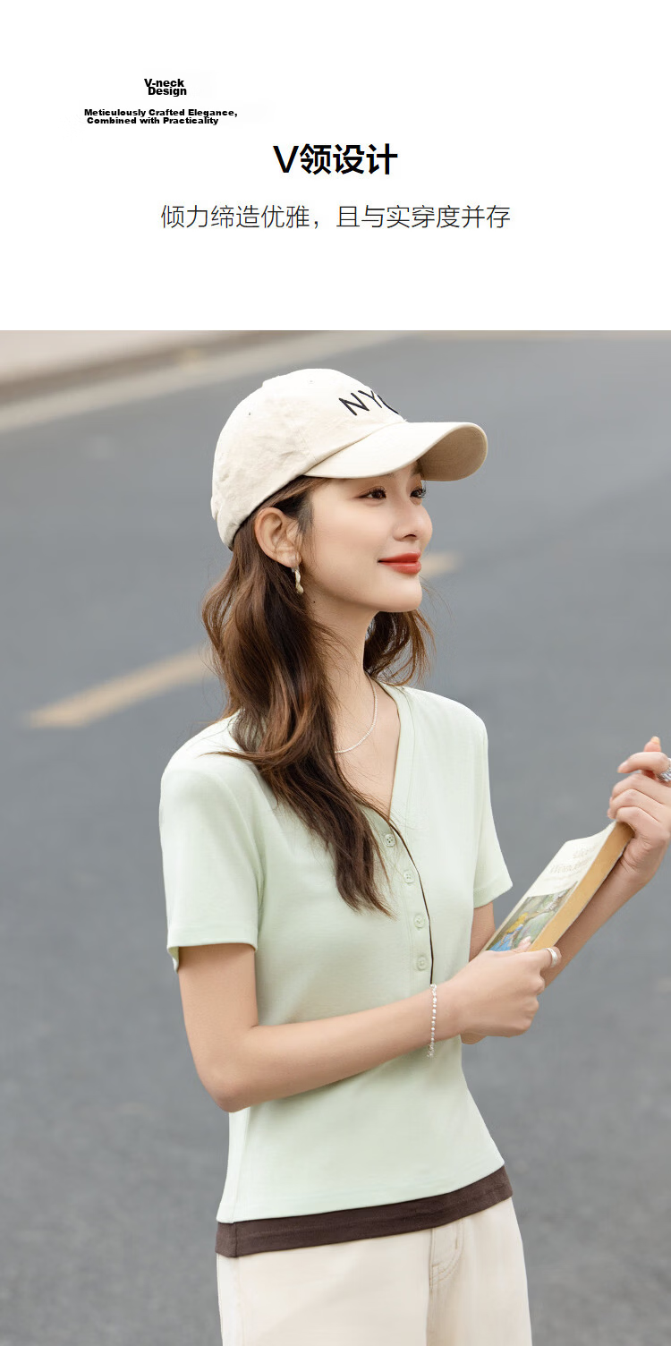 Demana [With Wool and Lyocell] Summer Color-Block Faux Two-Piece V-Neck Button High Elastic Slim Fit T-Shirt for Women Premium Feel 7
