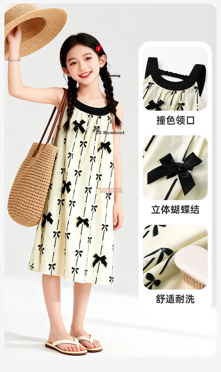 Disney Girls' Bowknot Strap Dress Summer Cotton Vacation Style Sleeveless A-Line Dress for Big Kids 120 8