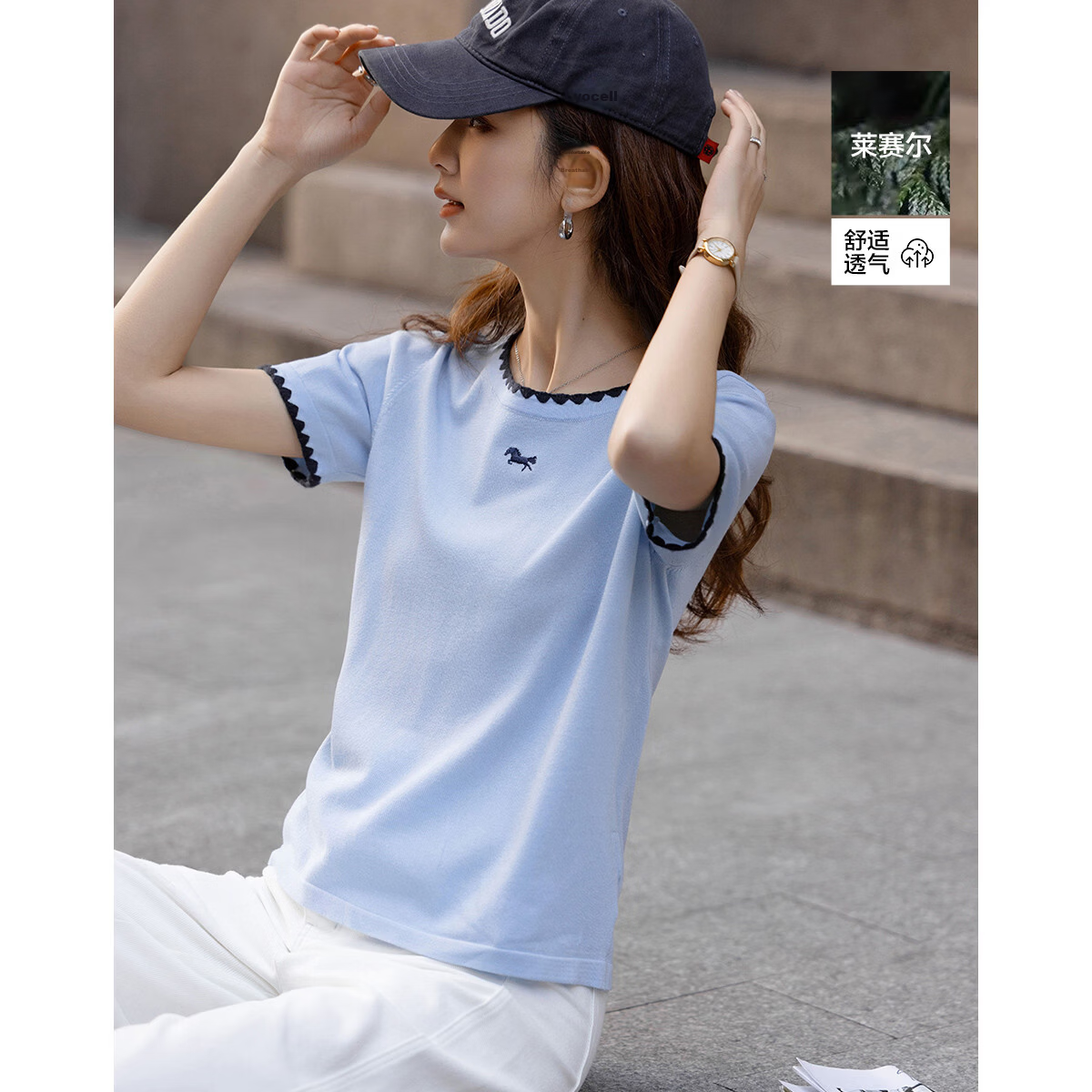 Demana [Breathable Tencel] Spring College Style Round Neck Embroidered Short Sleeve Stretch Knit Sweater for Women Premium Quality