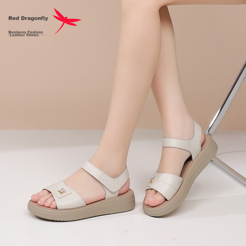 Red Dragonfly Women's Flat Sandals Soft Leather Soft Sole Middle-aged and Elderly Ladies Beach Shoes WTK251522 White Size 38