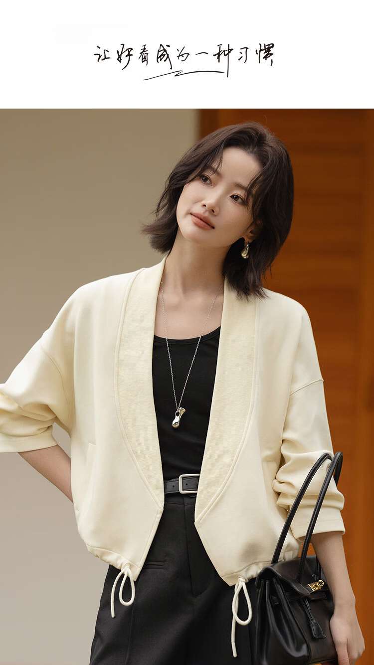 Demana Q-Elastic Air Layer Spring Minimalist Glossy V-Neck Drawstring No-Button Loose Petite Women's Jacket 1