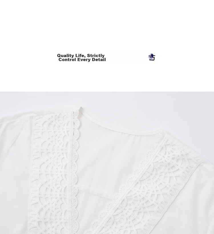 Demana Pure Cotton Breathable Poetic Summer Artistic Fresh Lace Spliced V-Neck Short Sleeve Shirt for Women 13