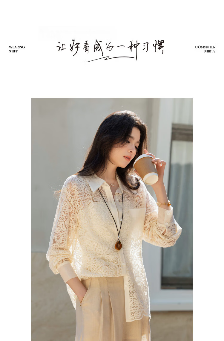 Demana [Cloud Oxygen Cotton Blend] Spring Elegant Lace Hollow Splicing Lapel Loose Petite Women's Shirt 10