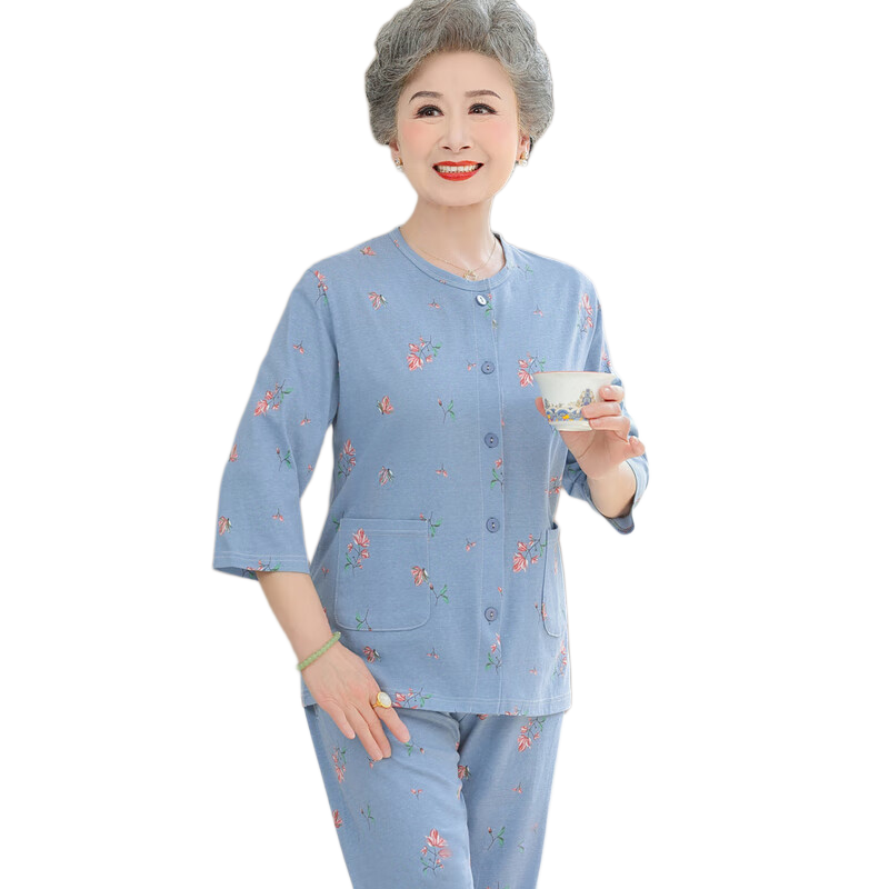 Fengxiao Middle-aged and Elderly Mom Spring Pajama Set Two-piece Pure Cotton Elderly Homewear Grandma Loose Long Sleeve Suit