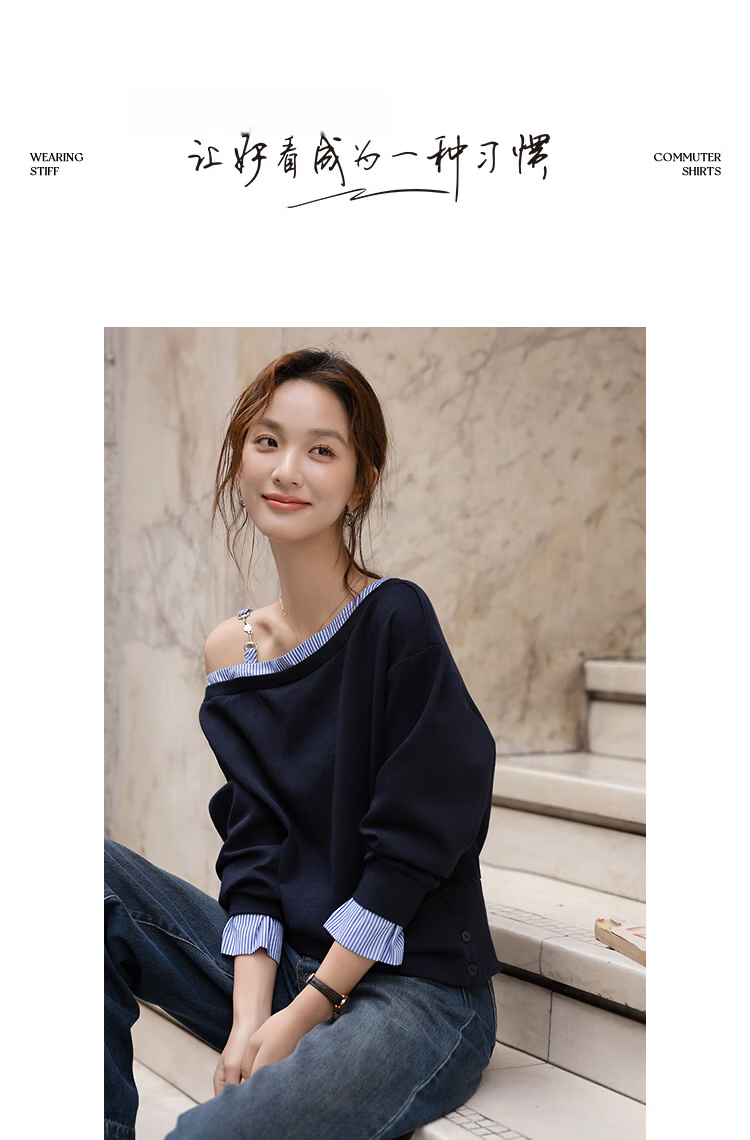 Demana Soft Air Layer Spring Design Asymmetric Shoulder Striped Patchwork Loose Petite Women's Sweatshirt 9