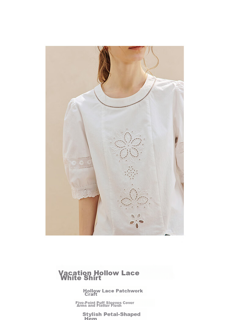 INMAN 100% Xinjiang Cotton Hollow Splicing Puff Sleeve Shirt Summer 2026 New Pullover White L 3