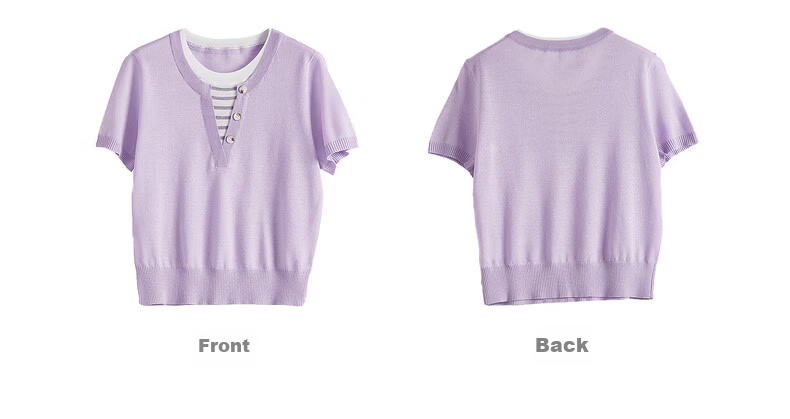 Sllsky Women's Purple Striped Patchwork Knit Top Thin Round Neck Short Sleeve 2026 Summer 22