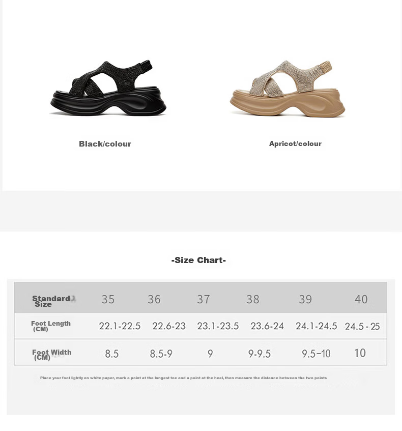 Daphne Women's Sandals Thick Sole Fashion Rhinestone Height Increasing Slim Comfortable Lightweight Beach Shoes Elastic Band Black Size 38 5