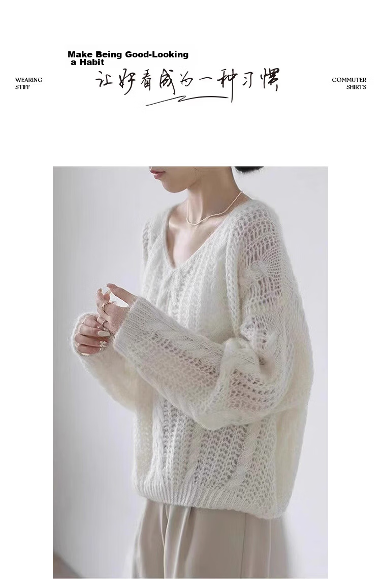 Demana [With Merino Wool] Spring Breathable V-Neck Hollow Jacquard Loose Slim Fit Soft Stretch Knit Sweater for Women Premium Quality 9