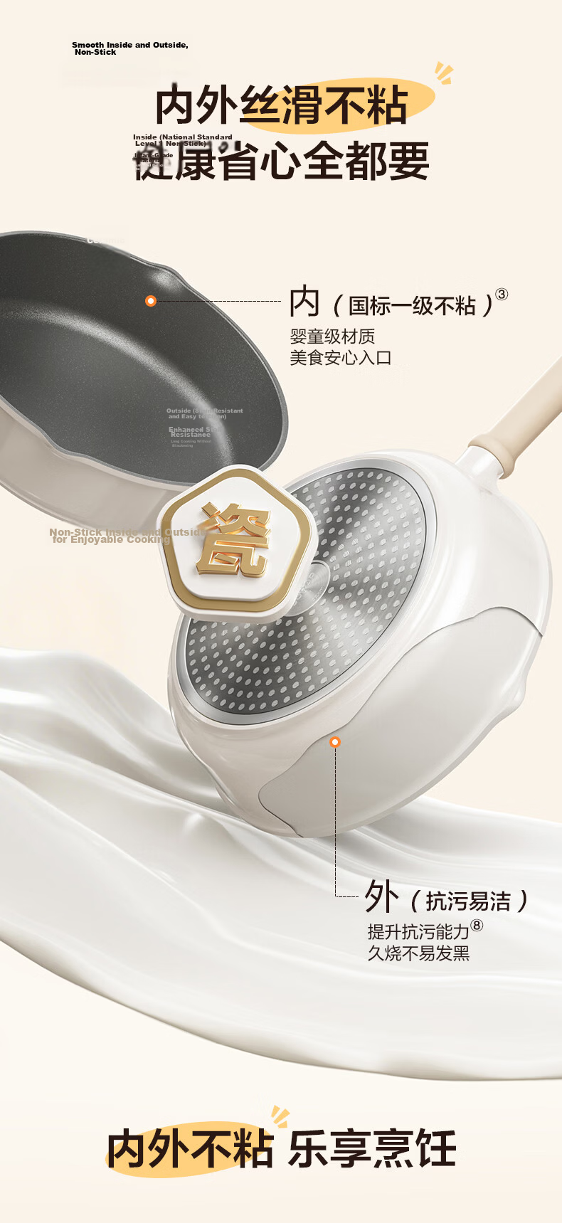SUPOR Deepened Titanium Ceramic Non-Stick Oil-Repellent Frying Pan, Flat Bottom Skillet for Steak and Eggs, Lightweight Household Stir-Fry Pan, Compatible with Induction Cookers 8