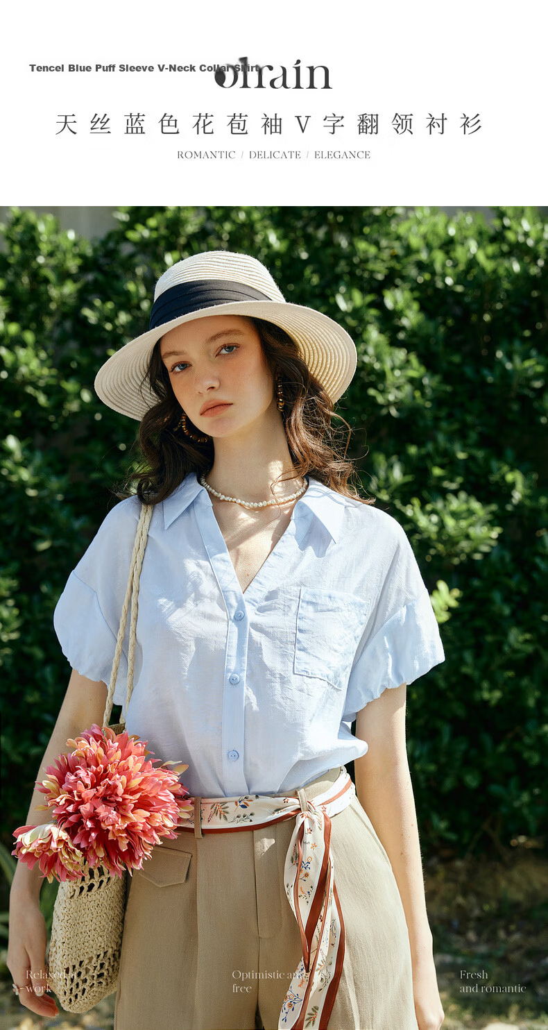 Olrain Eurier Summer New Tencel Puff Sleeve V-Neck Short Sleeve Shirt Women Loose Commuting Top Blue S 1