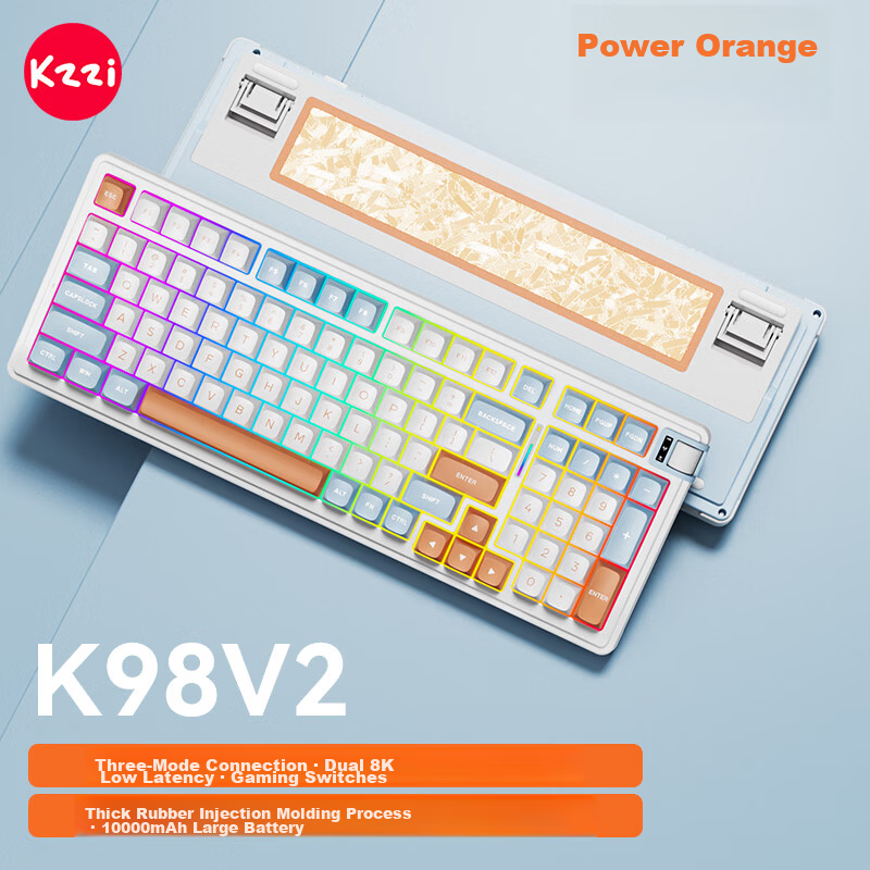 KZZI K98V2 Tri-Mode Mechanical Keyboard Wireless 2.4G Bluetooth Wired 98-Key RGB Customizable Keyboard for Home Office Gaming Orange Purple Violeta Switches
