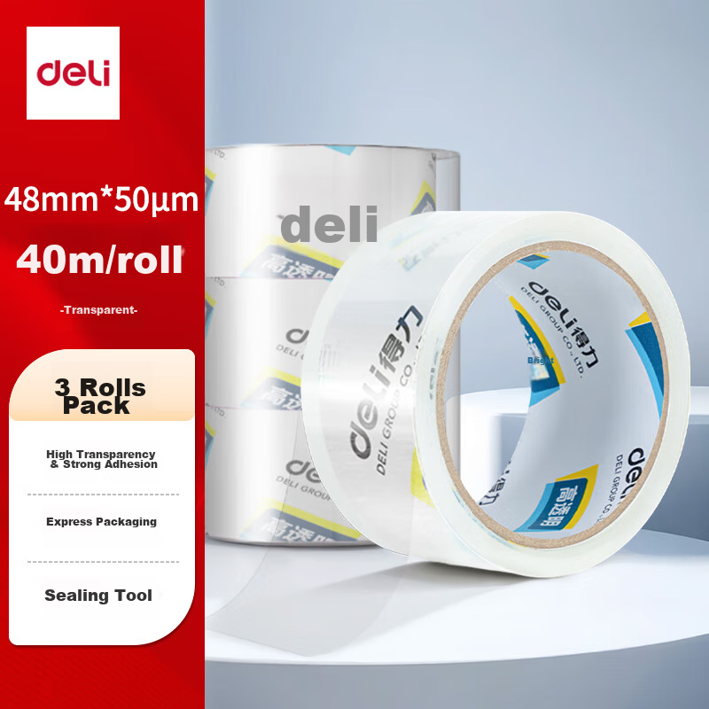 Deli High-Quality High Transparency Packing Tape 48mm x 40m x 50um 3 Rolls/Tube Office Supplies JD400