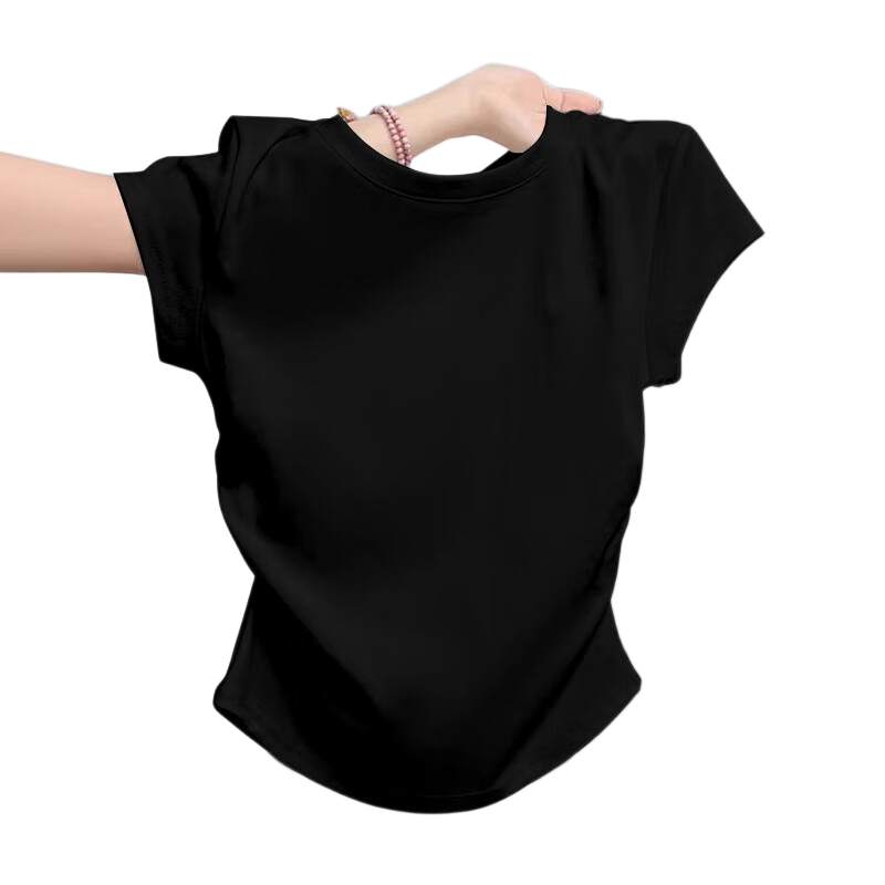 TUCANO Women's Regular Shoulder Short Sleeve T-Shirt, Summer 2025 New Style, Round Neck, Pleated, Slim Fit, Waist-Cinching Top, Black, 2XL