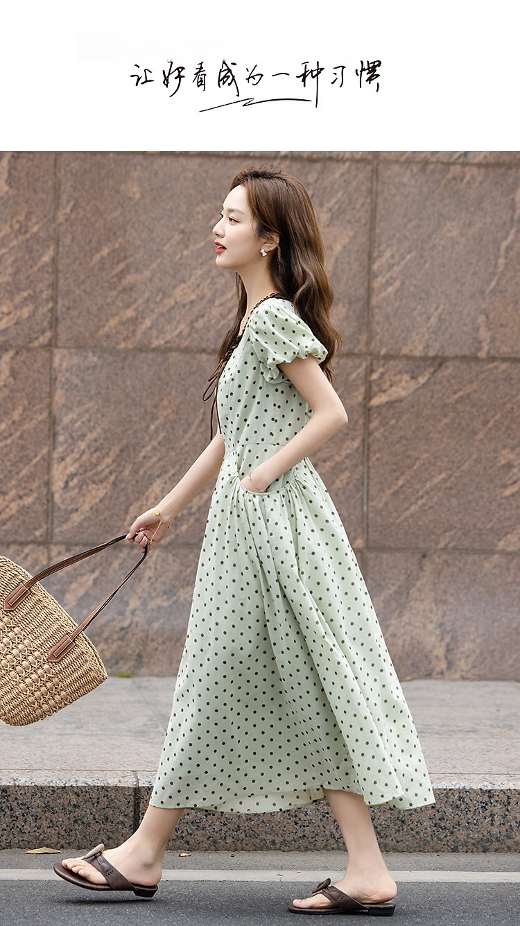 Demana Oxygen Pure Cotton Summer Sweet Polka Dot Colorblock Tie V-Neck Puff Sleeve Waist-Cinched Dress for Women Premium Quality 1
