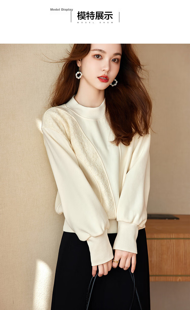 MT Lace Splice Spring Urban Casual Round Neck Pullover Long Sleeve Sweatshirt for Women 5