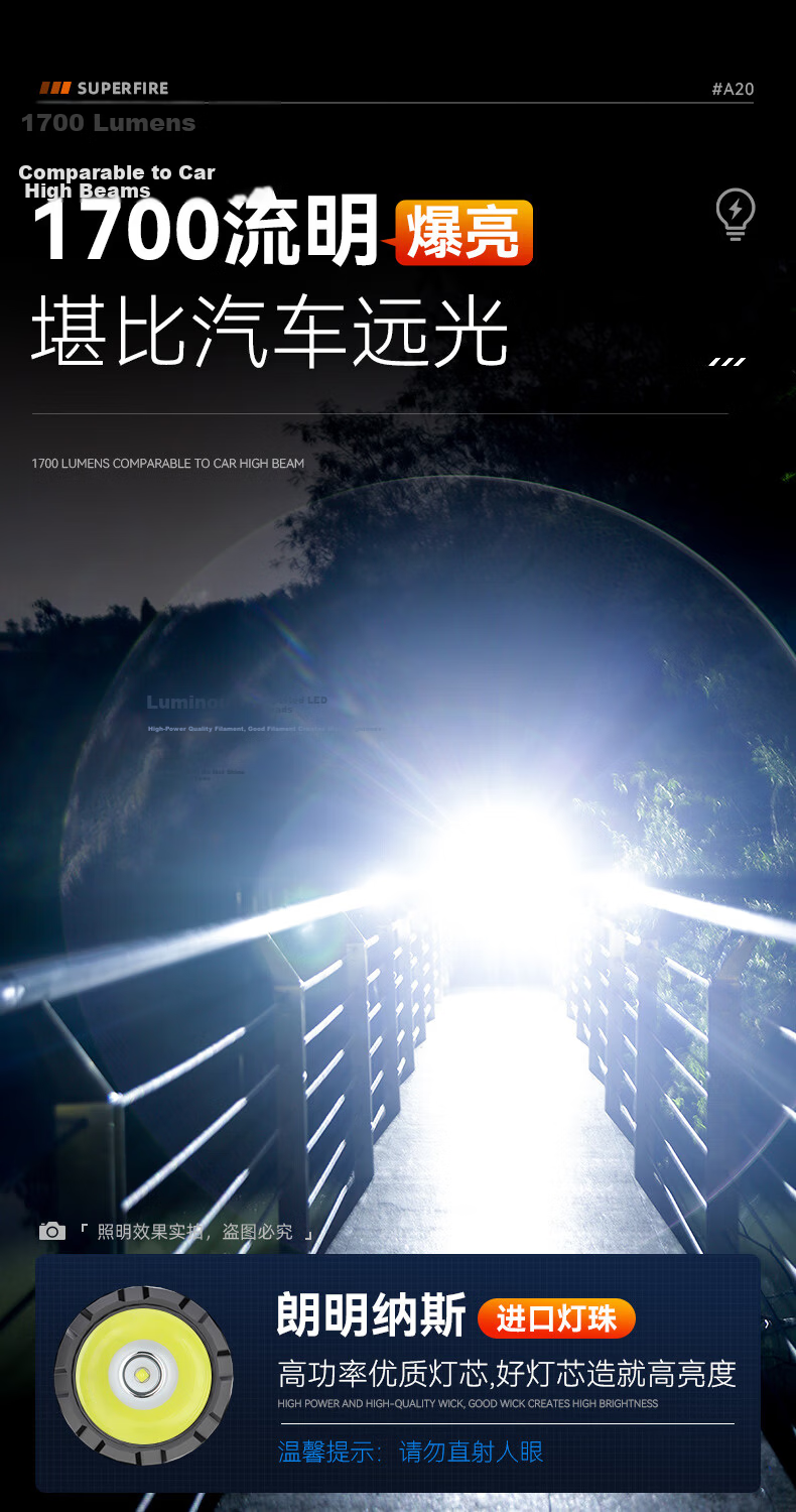 SupFire A20 Flashlight High Brightness Long Battery Life Long Range Military Rechargeable Compact Outdoor Cycling Emergency Light 4