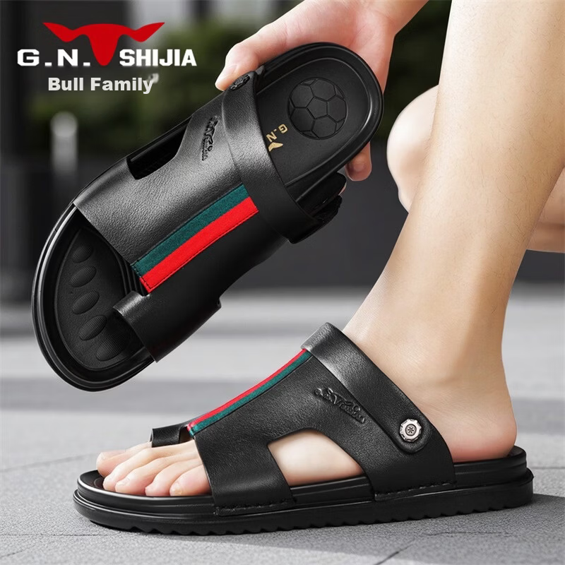 Bull Family Men's Summer Sandals New Beach Shoes Genuine Leather Dual-Purpose Slippers for Middle-Aged and Elderly Fathers