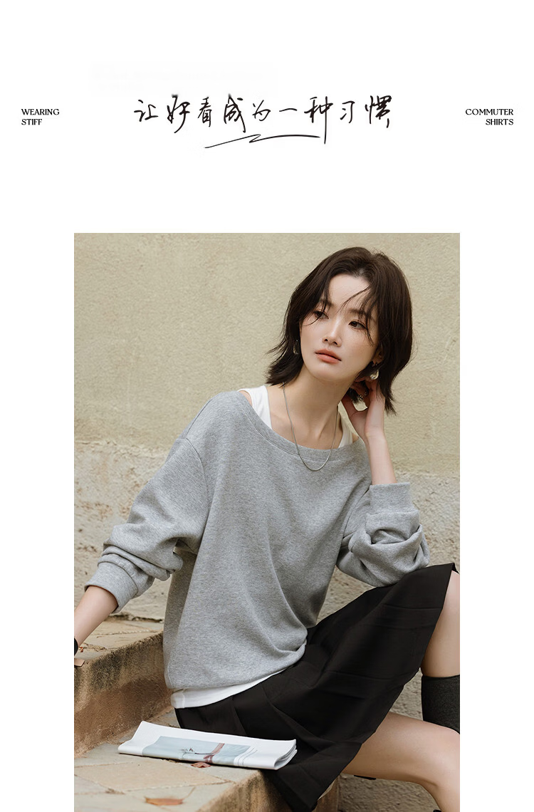 Demana [Comfort Elastic Air Layer] Spring Lazy Style Two-Piece Illusion Off-Shoulder Loose Slimming Concealing Sweatshirt for Women Premium Feel 9