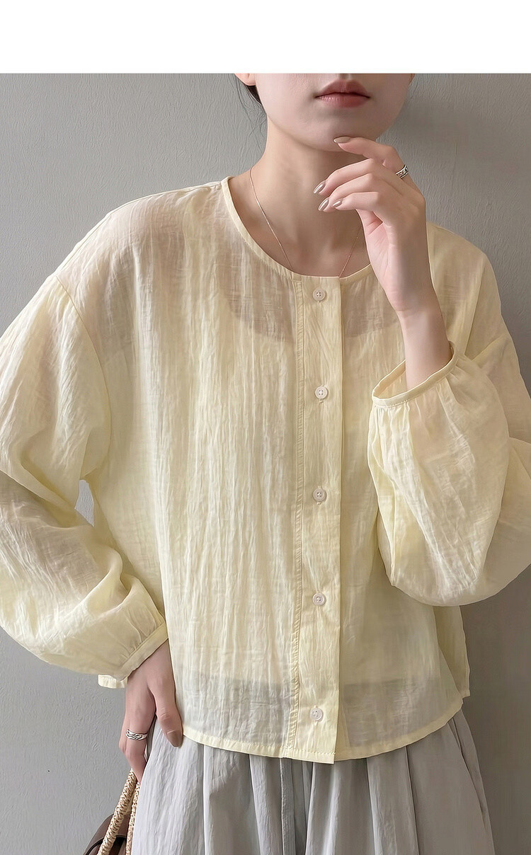 Demana Low Saturation Pastel Series Autumn Simple Style Round Neck Long Sleeve Cardigan Loose Short Petite Women's Shirt 5