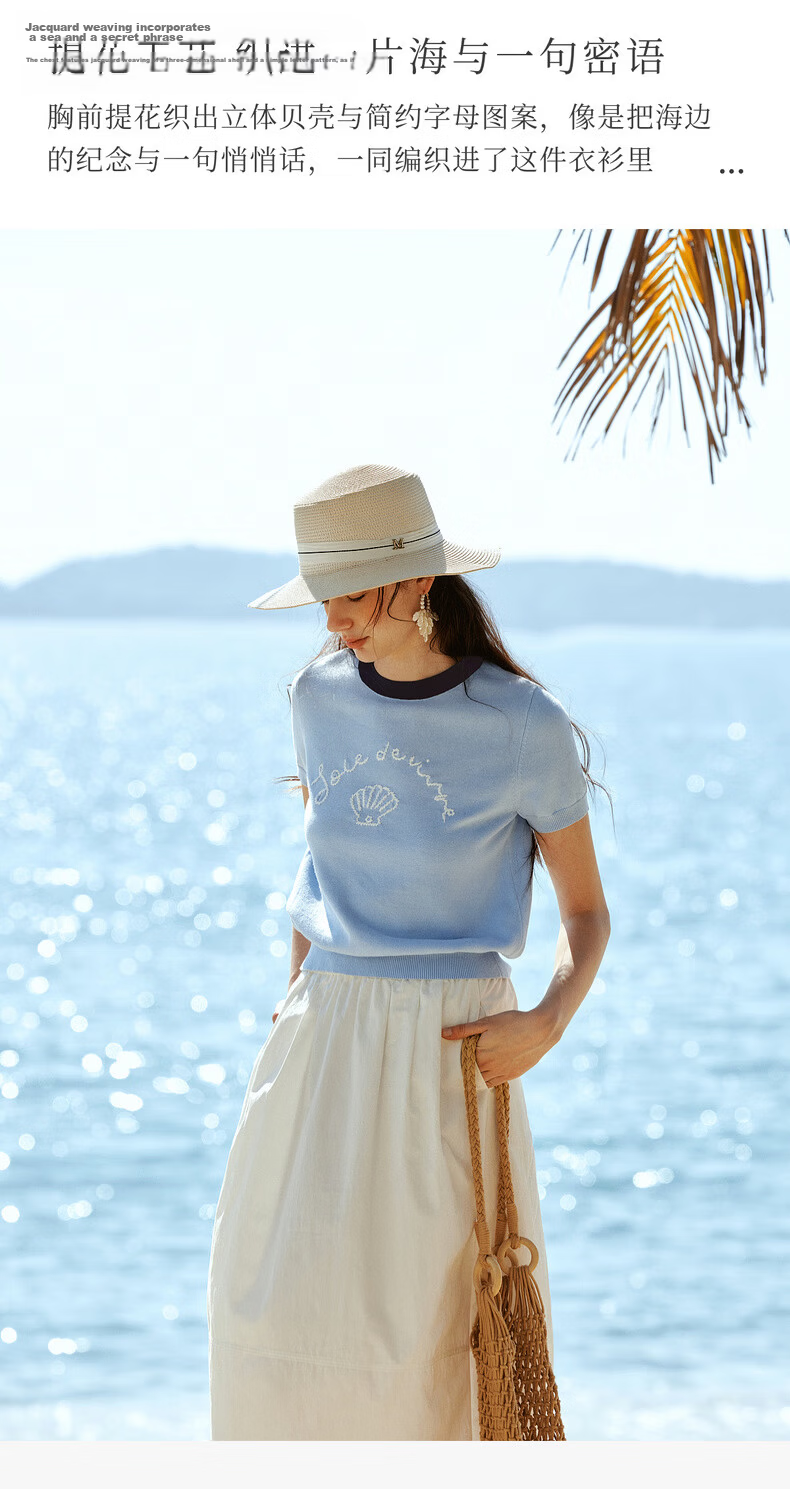 Olrain Oureier New Summer Jacquard Embroidered Round Neck Casual Short Sleeve Knit Pullover Top for Women Blue S 11